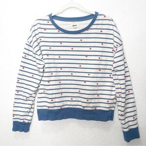 Pact Blue and White Striped Sweatshirt with Red Accents